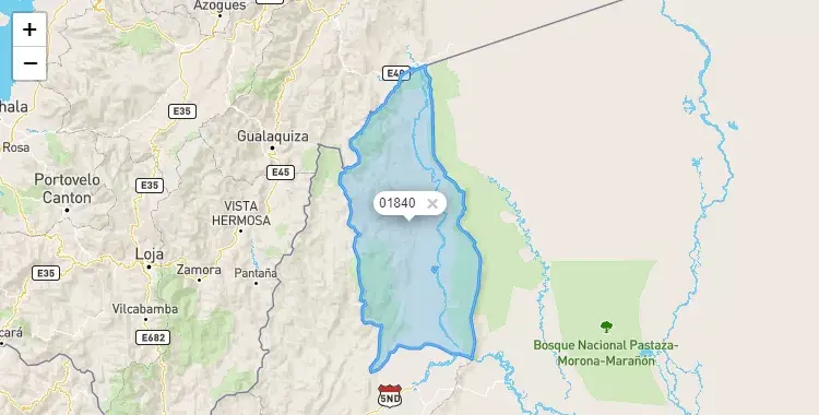 Mapa de la zona del código postal 01840 en Río Santiago, Amazonas