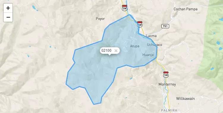 Mapa de la zona del código postal 02100 en Jangas, Ancash