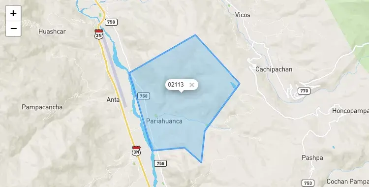 Mapa de la zona del código postal 02113 en Pariahuanca, Ancash