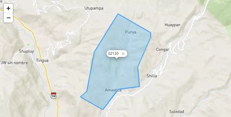 Mapa de la zona del código postal 02130 en Amashca, Ancash