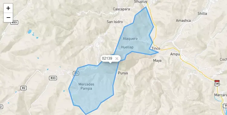 Mapa de la zona del código postal 02139 en Ataquero, Ancash