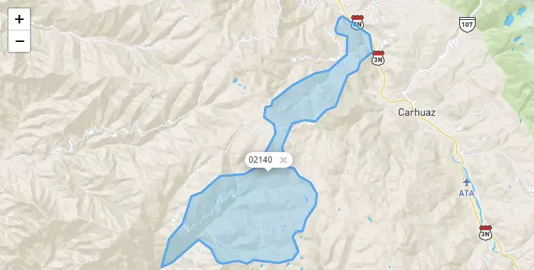 Mapa de la zona del código postal 02140 en Shupluy, Ancash