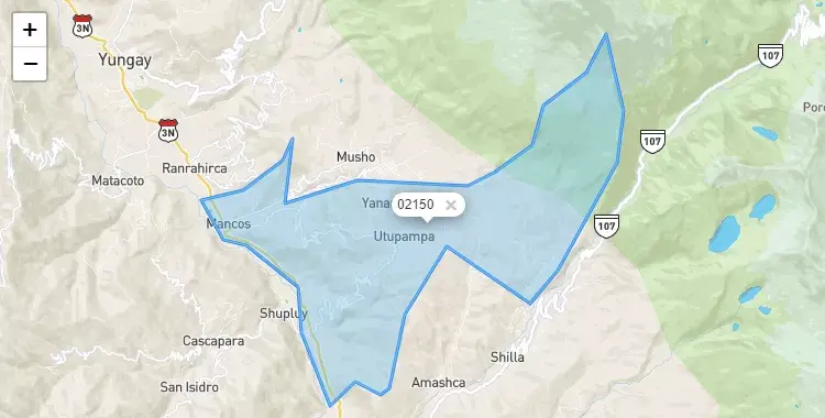 Mapa de la zona del código postal 02150 en Mancos, Ancash