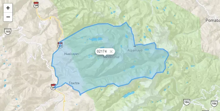 Mapa de la zona del código postal 02174 en Santa Cruz, Ancash