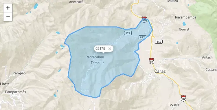 Mapa de la zona del código postal 02175 en Huata, Ancash