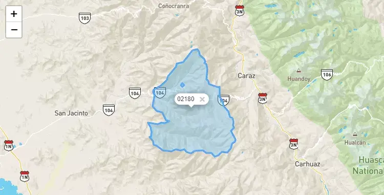 Mapa de la zona del código postal 02180 en Pamparomas, Ancash