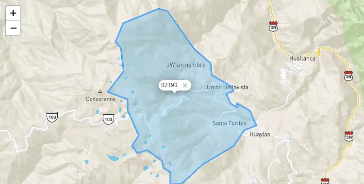 Mapa de la zona del código postal 02190 en Santo Toribio, Ancash
