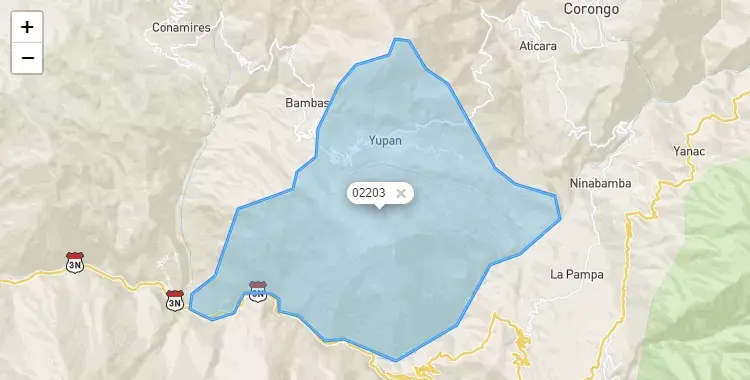 Mapa de la zona del código postal 02203 en Yupan, Ancash