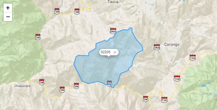 Mapa de la zona del código postal 02205 en Bambas, Ancash