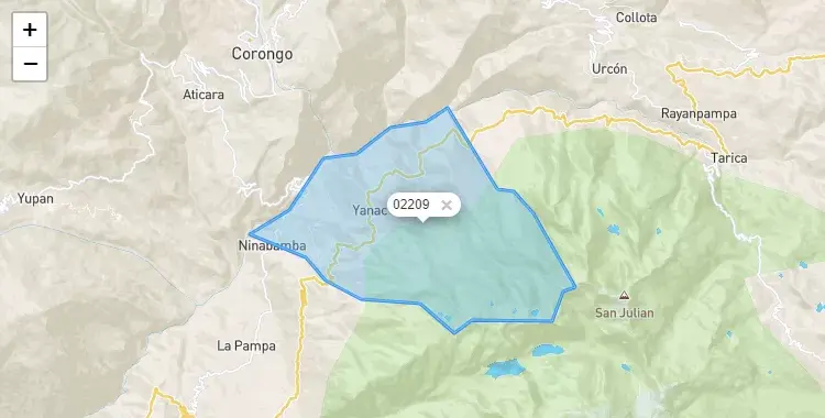 Mapa de la zona del código postal 02209 en Yanac, Ancash