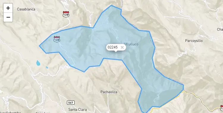 Mapa de la zona del código postal 02245 en Alfonso Ugarte, Ancash
