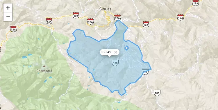 Mapa de la zona del código postal 02249 en San Juan, Ancash