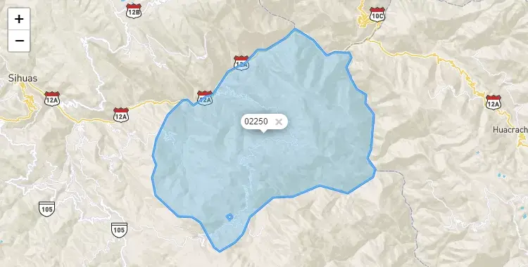 Mapa de la zona del código postal 02250 en Parobamba, Ancash