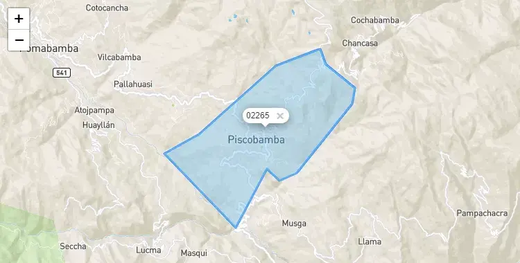 Mapa de la zona del código postal 02265 en Piscobamba, Ancash