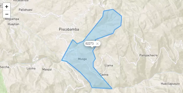 Mapa de la zona del código postal 02273 en Musga, Ancash