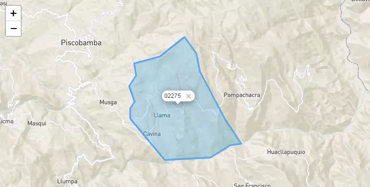 Mapa de la zona del código postal 02275 en Llama, Ancash