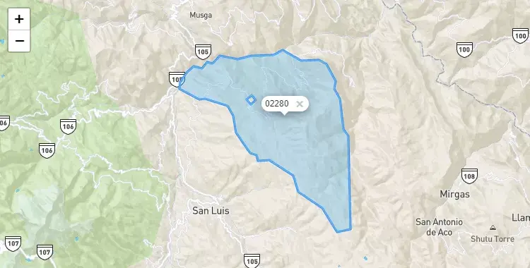 Mapa de la zona del código postal 02280 en Yauya, Ancash
