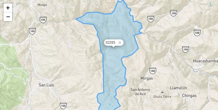 Mapa de la zona del código postal 02285 en San Nicolas, Ancash