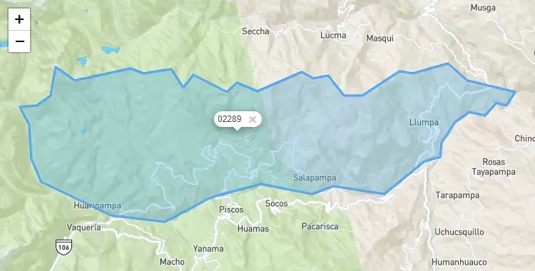 Mapa de la zona del código postal 02289 en Llumpa, Ancash