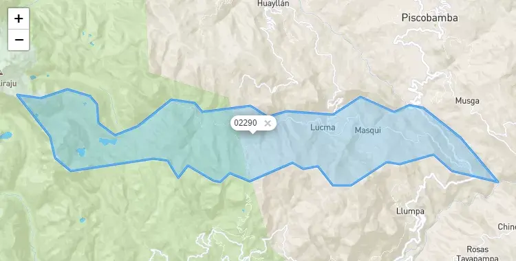 Mapa de la zona del código postal 02290 en Lucma, Ancash