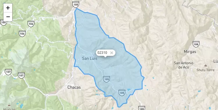 Mapa de la zona del código postal 02310 en San Luis, Ancash