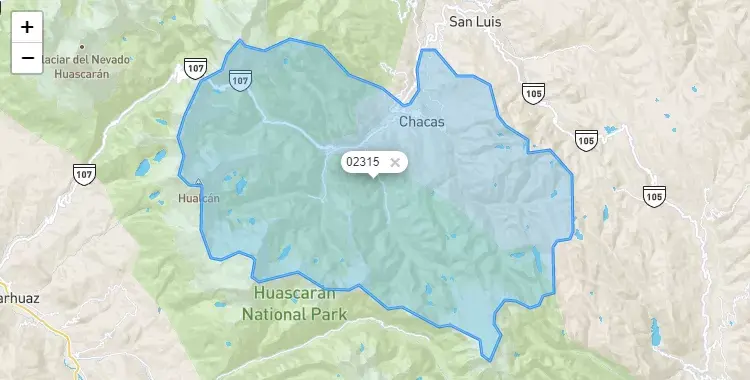 Mapa de la zona del código postal 02315 en Chacas, Ancash