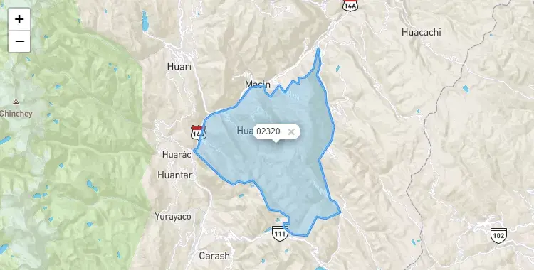 Mapa de la zona del código postal 02320 en Huachis, Ancash