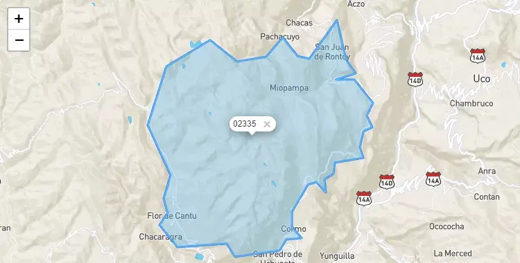 Mapa de la zona del código postal 02335 en San Juan de Rontoy, Ancash