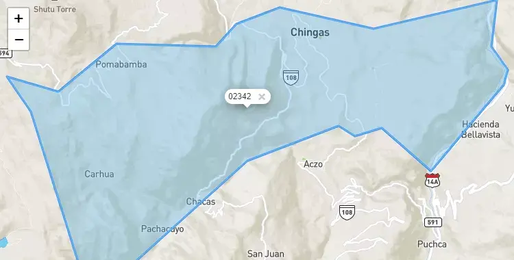 Mapa de la zona del código postal 02342 en Chingas, Ancash