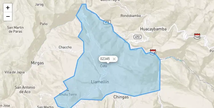 Mapa de la zona del código postal 02345 en Llamellin, Ancash