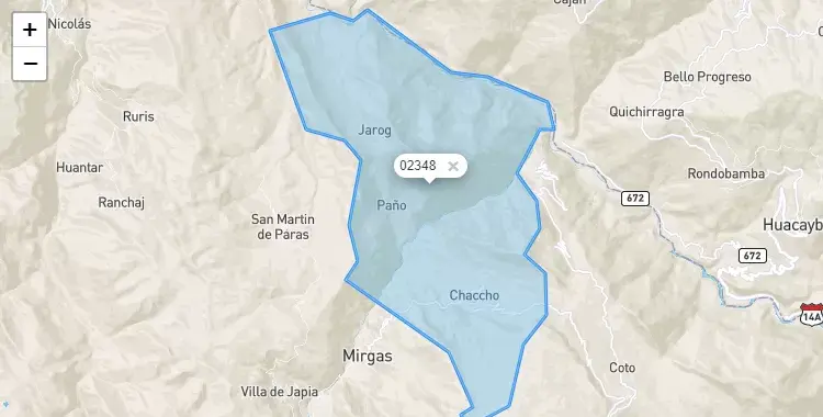 Mapa de la zona del código postal 02348 en Chaccho, Ancash