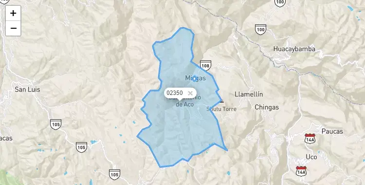 Mapa de la zona del código postal 02350 en Mirgas, Ancash