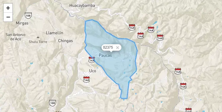 Mapa de la zona del código postal 02375 en Paucas, Ancash