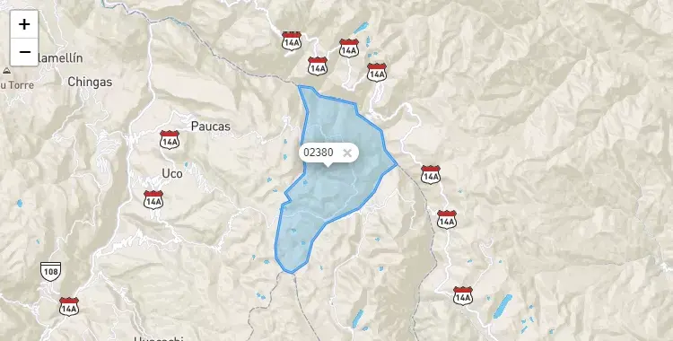 Mapa de la zona del código postal 02380 en Huacchis, Ancash