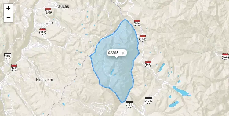 Mapa de la zona del código postal 02385 en Rapayan, Ancash