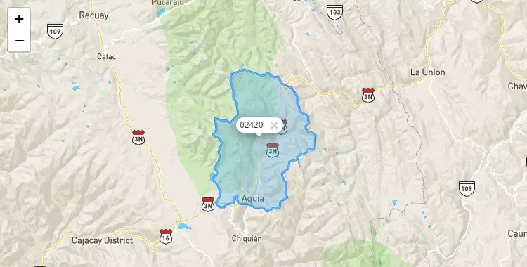 Mapa de la zona del código postal 02420 en Aquía, Ancash