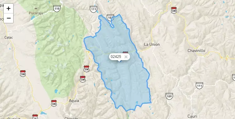 Mapa de la zona del código postal 02425 en Huallanca, Ancash