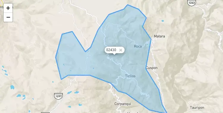 Mapa de la zona del código postal 02430 en Ticllos, Ancash