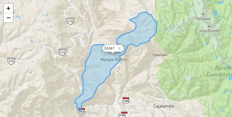 Mapa de la zona del código postal 02441 en Mangas, Ancash