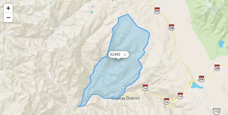 Mapa de la zona del código postal 02490 en Marca, Ancash