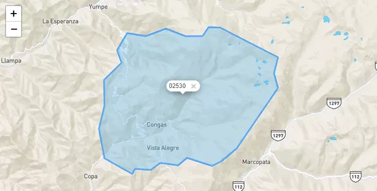 Mapa de la zona del código postal 02530 en Congas, Ancash
