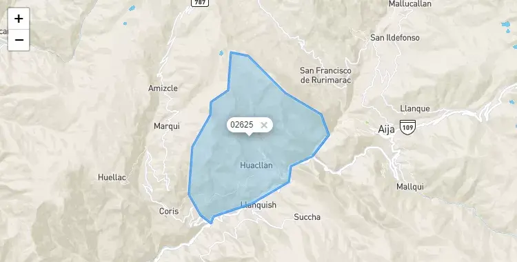 Mapa de la zona del código postal 02625 en Huacllan, Ancash