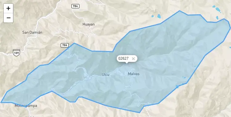 Mapa de la zona del código postal 02627 en Malvas, Ancash