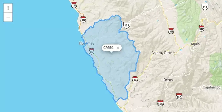 Mapa de la zona del código postal 02650 en Huarmey, Ancash