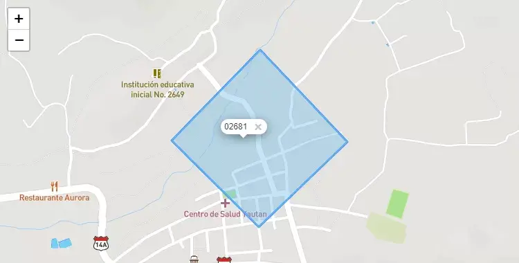 Mapa de la zona del código postal 02681 en Yautan, Ancash