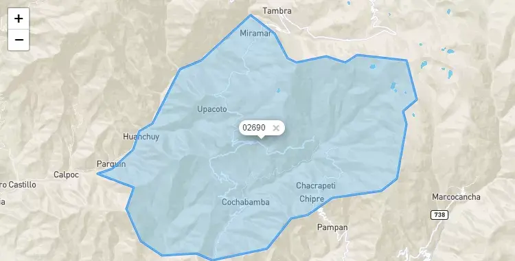 Mapa de la zona del código postal 02690 en Cochabamba, Ancash