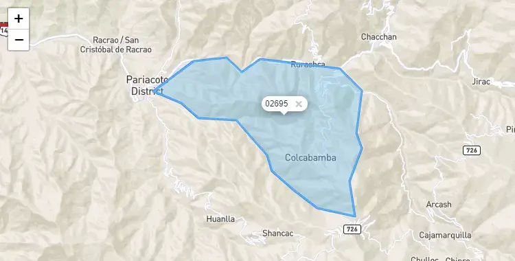Mapa de la zona del código postal 02695 en Colcabamba, Ancash