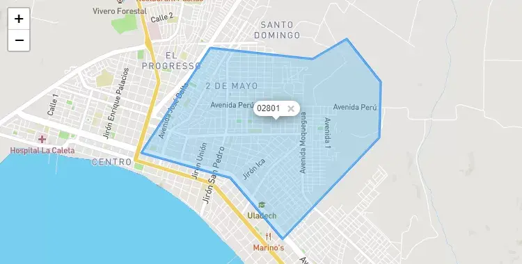 Mapa de la zona del código postal 02801 en Chimbote, Ancash