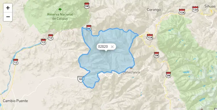 Mapa de la zona del código postal 02820 en Macate, Ancash
