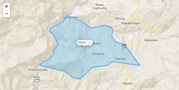 Mapa de la zona del código postal 02830 en Bolognesi, Ancash